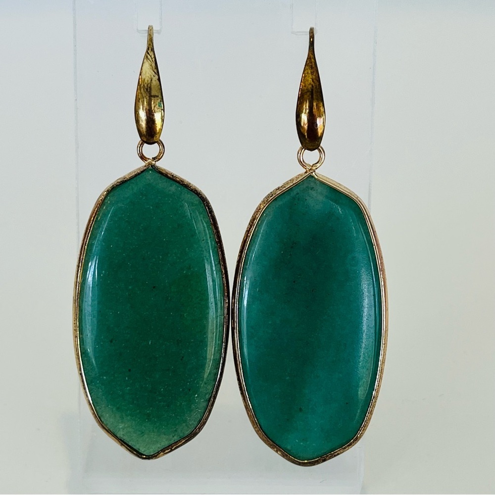Gold Plated Green Stone Drop Earrings - Picture 2 of 5